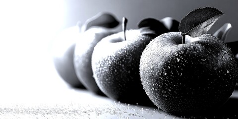 Fresh apples with dew droplets lined up on a surface during soft morning