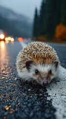 Hedgehog crossing a wet road on a foggy evening amidst blurred car lights in the background