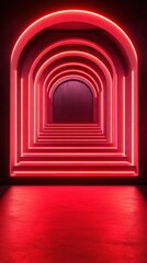 Neon-lit archways create a captivating hallway in a modern architectural setting