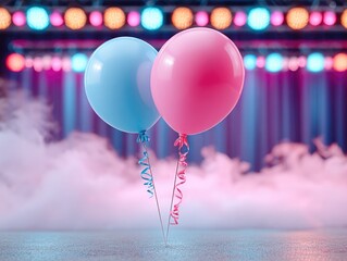 A close-up of a pink and blue balloon against a backdrop of smoke and spotlights. Card, invitation to a gender reveal party, wedding