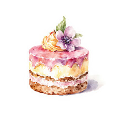 Beautiful stock illustration with watercolor hand drawn delicious dessert. Clip art. Cake illustration for menu design.