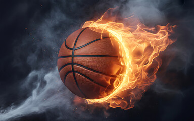 Fototapeta premium Dynamic basketball engulfed in intense flames and smoke symbolizing power and passion in sports