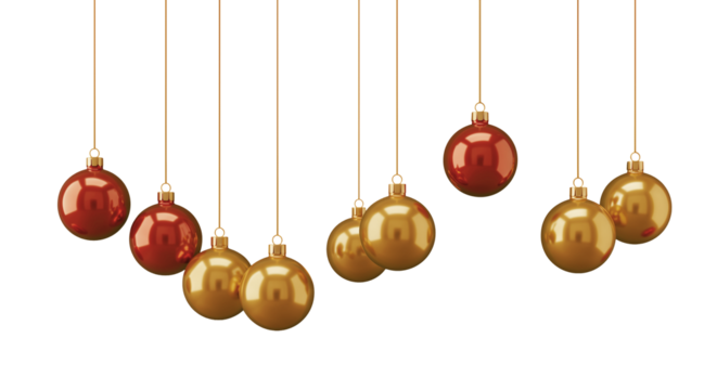 Gold and Red Hanging Christmas Ornaments PNG, Elegant Baubles Isolated on Transparent Background, Festive Holiday Decorations for Seasonal Design, Invitations, Greeting Cards, Party Decor