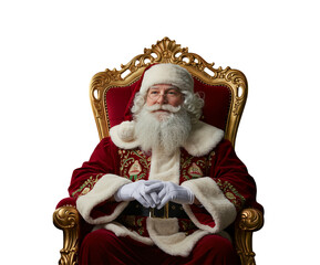 Obraz premium Santa Claus Sitting on Ornate Throne Chair PNG, Isolated Transparent Background, Classic Christmas Character for Holiday Marketing, Advertising, Greeting Cards, Promotions