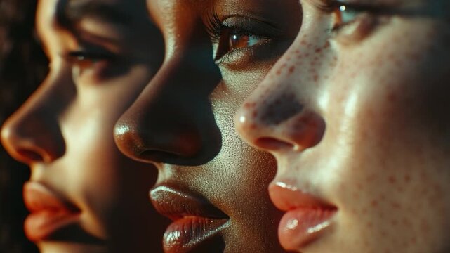 A close-up view of a group of women with noticeable freckles on their facial skin