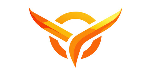 A dynamic orange logo featuring stylized wings encircling a central ring, , suggesting themes of flight and innovation