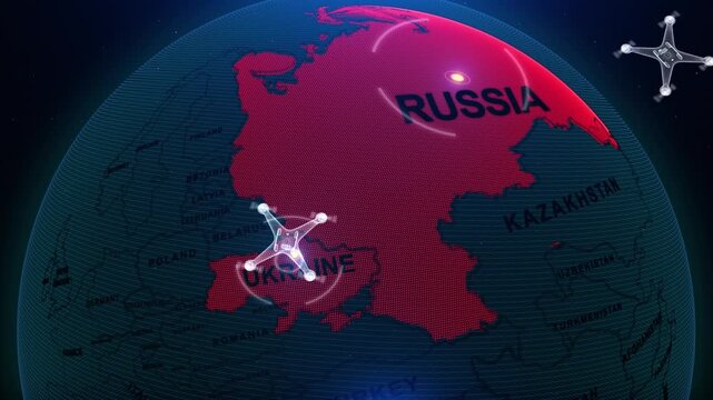 a 3D-style digital map of Russia and Ukraine, with Drone, animation