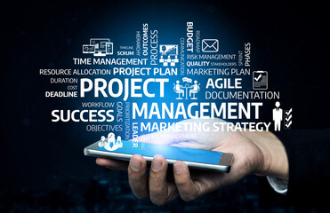 A hand holding a smartphone shows various project management concepts including strategy and planning, emphasizing success and collaboration in a digital environment. Tessel