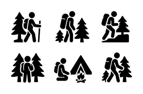 Outdoor adventure icons featuring backpackers, forest exploration, and camping scenes for nature enthusiasts