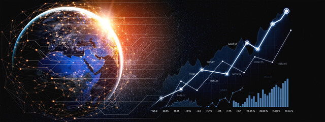 A stunning digital globe image showcasing global market trends with rising graphs and vibrant data visualizations, reflecting technology-driven economic growth. Scalp