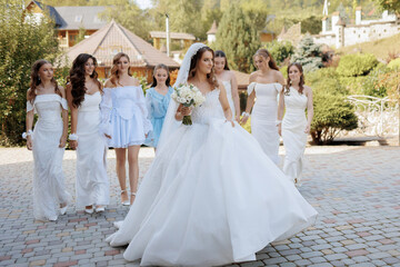 Fototapeta premium Bridal party walking together in a beautiful outdoor setting during a wedding celebration