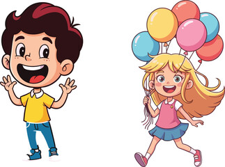 children, balloons, colorful, play, fun, celebration, joy, party, happiness, outdoor, activity, boy, girl, cartoon, festive, cheerful, running, illustration, vector, design, creative, element