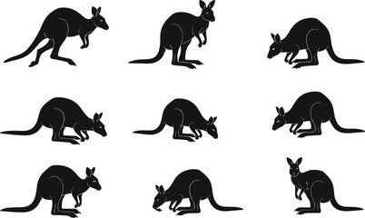 Kangaroo silhouette illustration, Australian wildlife vector, marsupial clipart, nature art, standing kangaroo, crouching pose, walking kangaroo, foraging stance, wildlife design