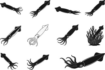 Squid silhouette, marine animal, underwater creature, tentacle art, ocean wildlife, black ink style, sea illustration, aquatic design, vector set