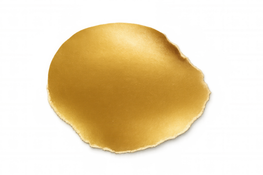 Gold torn paper circle with rough textured metallic edge, blank abstract template on transparent background