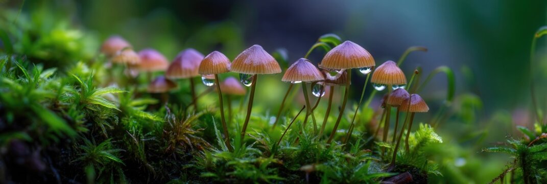 Una vista panor&aacute;mica de un grupo de peque&ntilde;os hongos emergiendo de un lecho de musgo vibrante en un bosque.