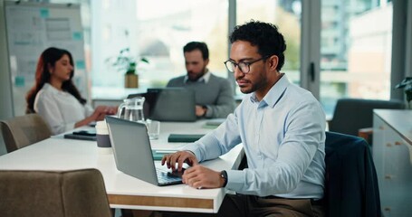 Happy, employee and man with laptop, boardroom and research for project, financial planning and web. Meeting, business analyst and people with tech for budget analysis, typing and investment report - Powered by Adobe
