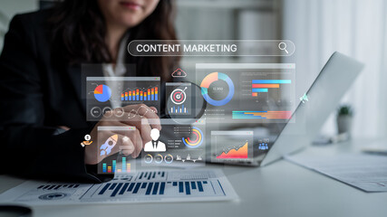Content marketing interface with data dashboards, analytics charts, and content tools. Marketing...