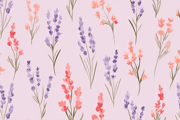 Seamless floral pattern featuring delicate pastel lilac tones with vibrant flowers and green stems, ideal for backgrounds, textiles, and decorative designs with copy space