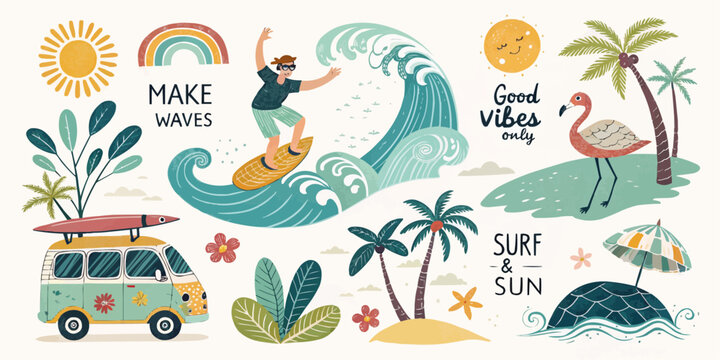 Illustration of summer beach scene with surfer, van, flamingo, sun, waves, and tropical elements artfully drawn