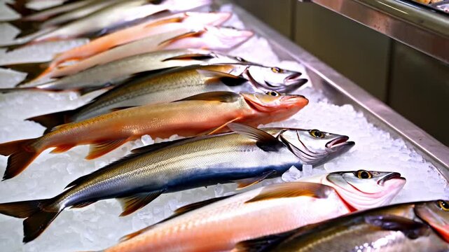 Fresh fish are neatly displayed on a bed of ice at a seafood market counter, highlighting their shiny scales, quality, and freshness. The arrangement emphasizes healthy food and professional market pr