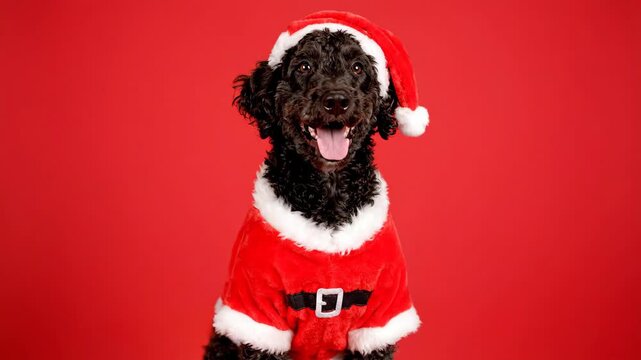 Black dog dressed as Santa Claus posing with an open mouth and tongue out on red background, holiday animal footage.