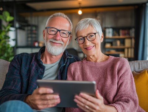 Candid photo of happy middle aged couple using digital tablet relaxing on couch at home. Smiling mature man and woman holding tab browsing internet on pad device sitting on sofa in living room