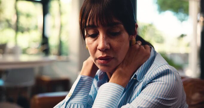 Depression, thinking and woman in home with stress, broken heart or remember memory of past trauma. Sad, reflection and mature person in living room with regret, anxiety or flashback for heartbreak