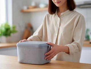 Horizontal shot of a person putting away a packed lunch, symbolizing meal prep and daily routine.