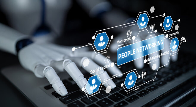 A robotic hand interacts with digital networking graphics on a laptop, symbolizing the merge of technology and human relationships in a connected world. Tessel - Powered by Adobe
