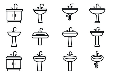Variety of bathroom sink icons: modern line art designs displaying diverse styles