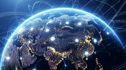Global Network Connectivity Visualization Over Earth at Night with Lights - Powered by Adobe