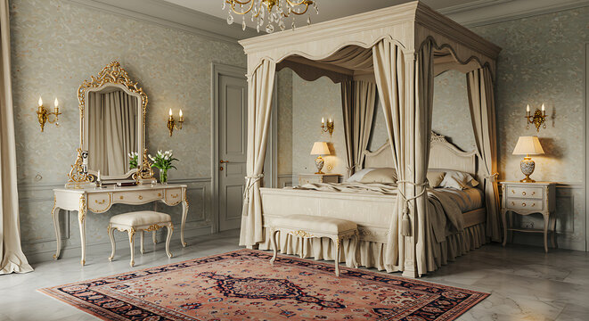 Elegant canopy bed in dreamy, luxurious bedroom suite