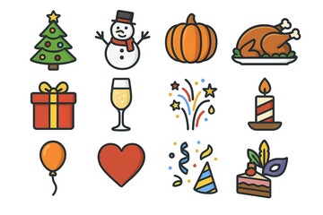Fototapeta premium Festive holiday icons: tree, snowman, pumpkin, turkey, gift, candle, heart, balloon, cake