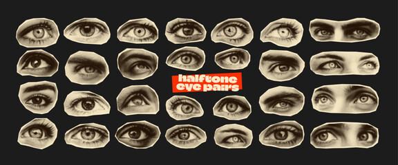 28 Eye Halftone Collage Elements. Isolated cut-out eyes. Retro vintage collage concept. Perfect for collages, posters, album covers, zines, stickers, and social media visuals.