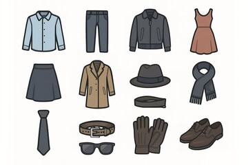 Collection of fashionable clothing and accessories icons featuring dresses and outerwear