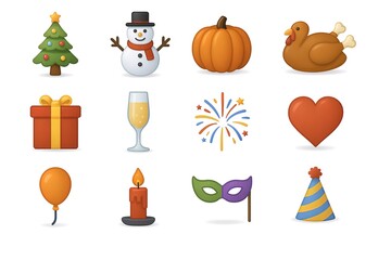 Festive holiday icons featuring christmas, thanksgiving, and new year symbols