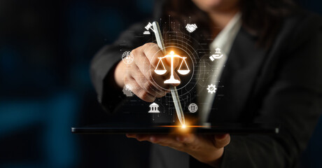 Futuristic digital law interface displaying justice scale, highlighting digital law, AI compliance, digital law systems, and digital law regulations for secure governance. Spline