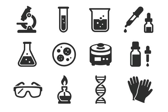 Science lab equipment icons: microscope, test tubes, dna helix, safety gear - Powered by Adobe
