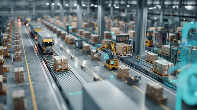 Modern automated warehouse with trucks, robots, and augmented reality interface - Powered by Adobe