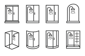 Collection of shower enclosure line icons featuring various designs and styles