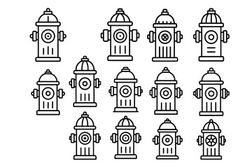 Naklejka premium Set of twelve outline fire hydrant icons in black and white