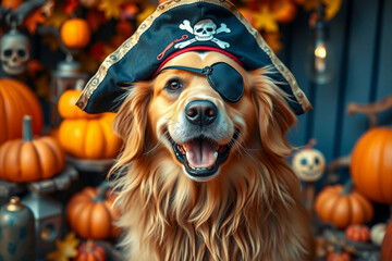 A cheerful golden retriever wears a pirate hat and eye patch in a festive setting filled with pumpkins and spooky decorations, capturing the spirit of autumn