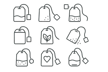 Collection of minimalist tea bag line art illustrations with various designs