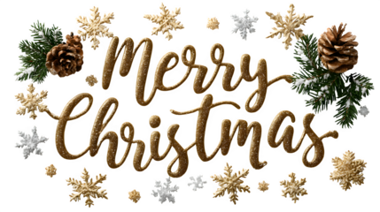 Elegant Merry Christmas design with golden calligraphy text, snowflakes, and festive decorations isolated on white background