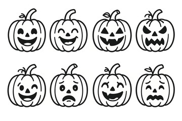Set of eight halloween pumpkins with various facial expressions in black and white