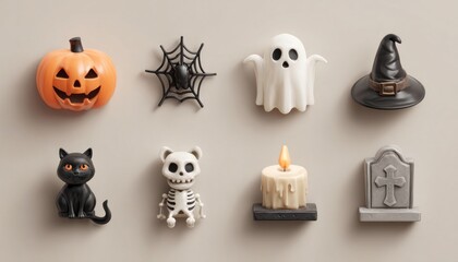 Halloween icon set in 3D style: pumpkin, spider web, ghost, black cat, skeleton, witch hat, tombstone, candle