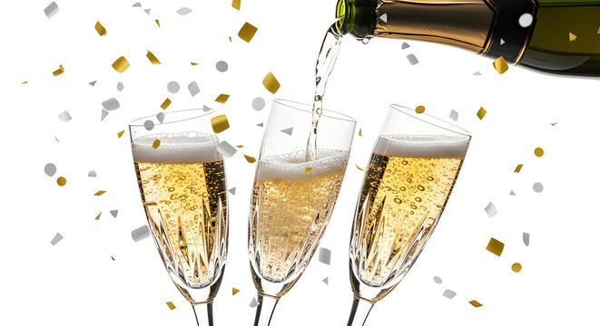 Champagne pouring into champagne glasses, creating a celebratory and effervescent scene with confetti - Powered by Adobe