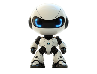 White robot toy with blue glowing eyes and black/gray mechanical body
