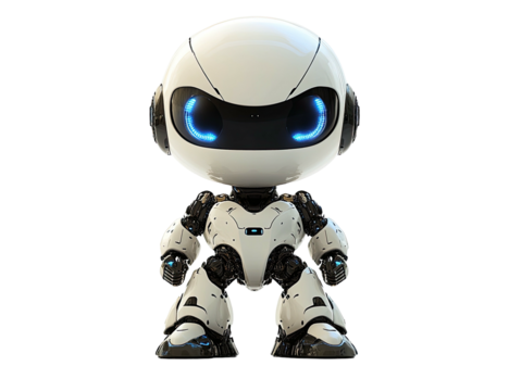 White robot toy with blue glowing eyes and black/gray mechanical body